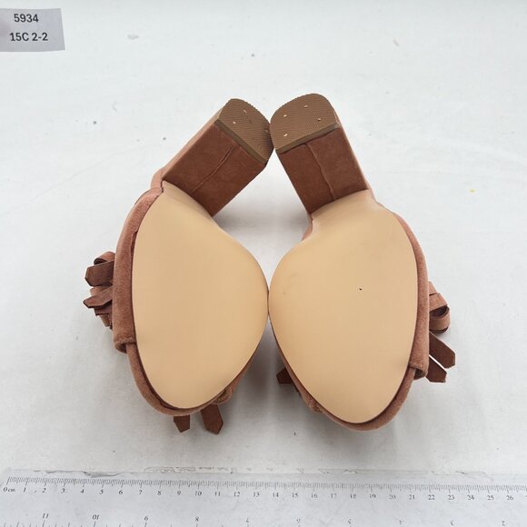 XYD Tan Open Toe Mules with Fringe High Chunky Heels Summer Slides Sandal - Picture 7 of 8